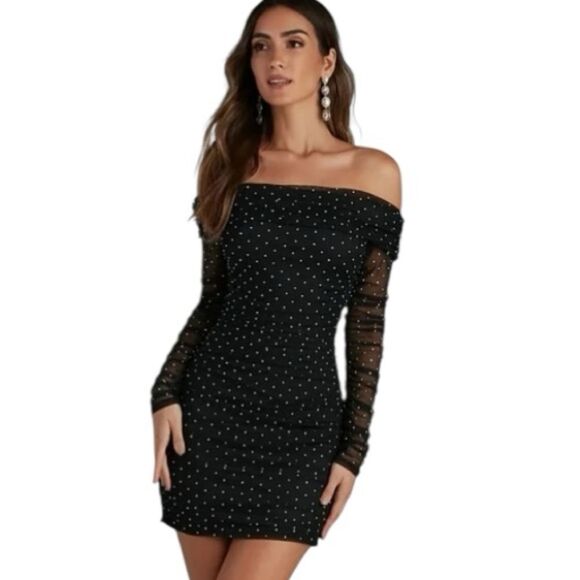 Windsor Aliya Heatstone Ruched Mesh Dress Off The Shoulder Neckline Holiday NYE - Picture 1 of 14